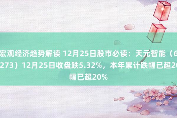 宏观经济趋势解读 12月25日股市必读：天元智能（603273）12月25日收盘跌5.32%，本年累计跌幅已超20%