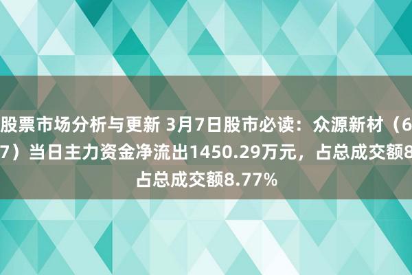 股票市场分析与更新 3月7日股市必读：众源新材（603527）当日主力资金净流出1450.29万元，占总成交额8.77%