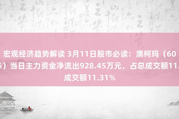 宏观经济趋势解读 3月11日股市必读：澳柯玛（600336）当日主力资金净流出928.45万元，占总成交额11.31%