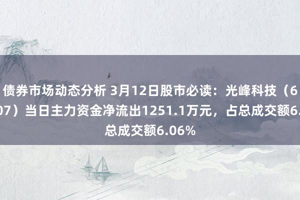 债券市场动态分析 3月12日股市必读：光峰科技（688007）当日主力资金净流出1251.1万元，占总成交额6.06%